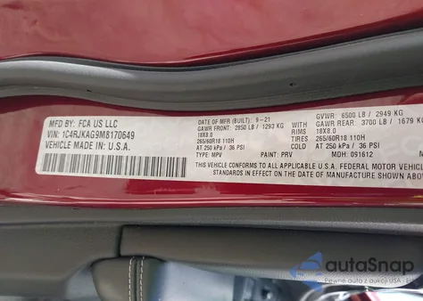 2021 Jeep Grand Cherokee L Laredo 4X4 from USA, damaged, VIN 1C4RJKAG9M8170649